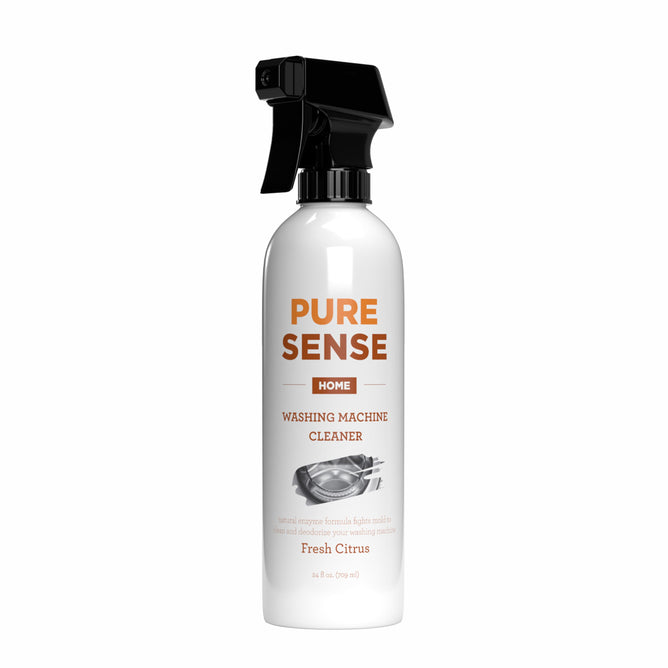 A white spray bottle labeled Washing Machine Cleaner & Deodorizer by Pure Sense features a black nozzle and a vibrant washing machine graphic. Infused with essential oils for a citrus scent, this 16 oz (500 ml) deodorizer keeps your appliance smelling fresh and clean.