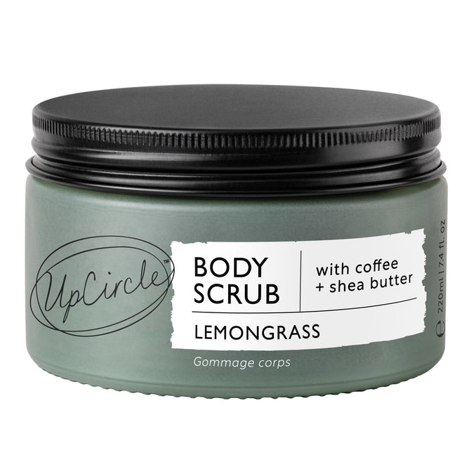 UpCircles 200 ml Lemongrass Body Scrub blends coffee and shea butter in a round green container, with a black screw-on lid and black-and-white label.