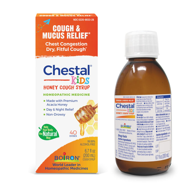Boirons Chestal Kids Cough Syrup features a homeopathic formula with soothing acacia honey for chest congestion and dry cough. This non-drowsy syrup offers day and night relief in a 6.7 fl oz (200 ml) bottle.