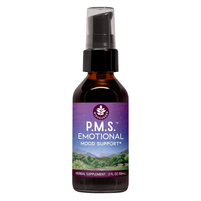 The PMS Emotional Mood Support from WishGarden Herbs is a brown bottle with a purple label depicting mountains and a night sky, complete with a pump dispenser. It offers 2 fl oz (59 mL) of herbal mood support.