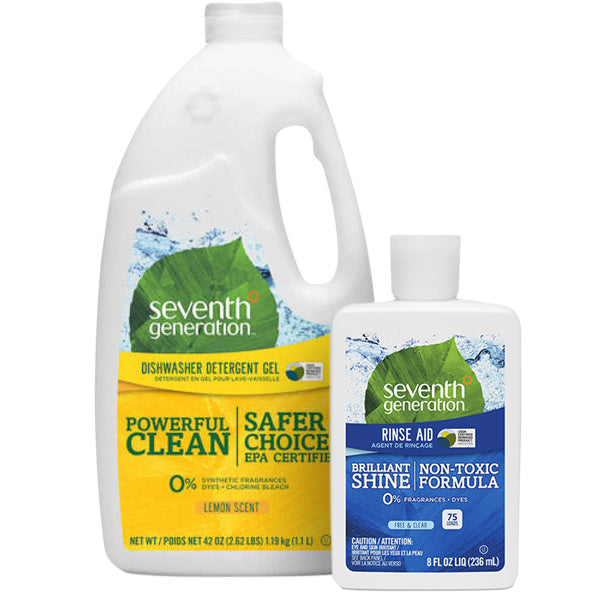 Two Seventh Generation products are displayed: a large bottle of chlorine-free Dishwasher Detergent Gel Starter Set with a lemon scent and Powerful Clean label, and a smaller bottle labeled Rinse Aid, featuring Brilliant Shine and a Non-Toxic Formula.