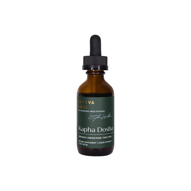 A brown glass dropper bottle labeled Organic Kapha Tincture - Energizing by Sattva Soul with green and gold accents highlights this dietary supplements liquid extract from energizing Ayurvedic herbs.