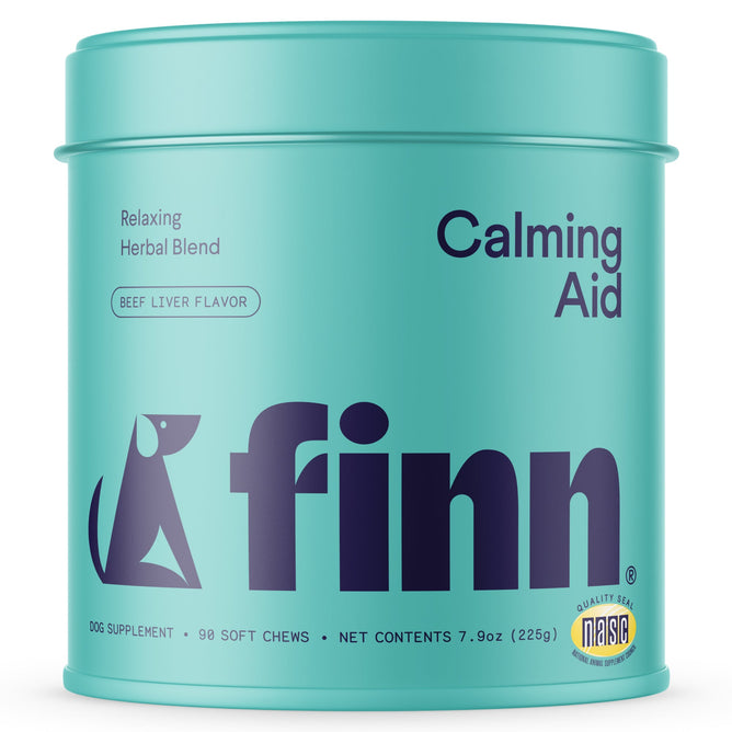A teal tin labeled Finn contains 90 beef liver-flavored soft chews. These natural ingredient calming aid supplements help alleviate dog anxiety and feature a quality seal with the NASC logo.