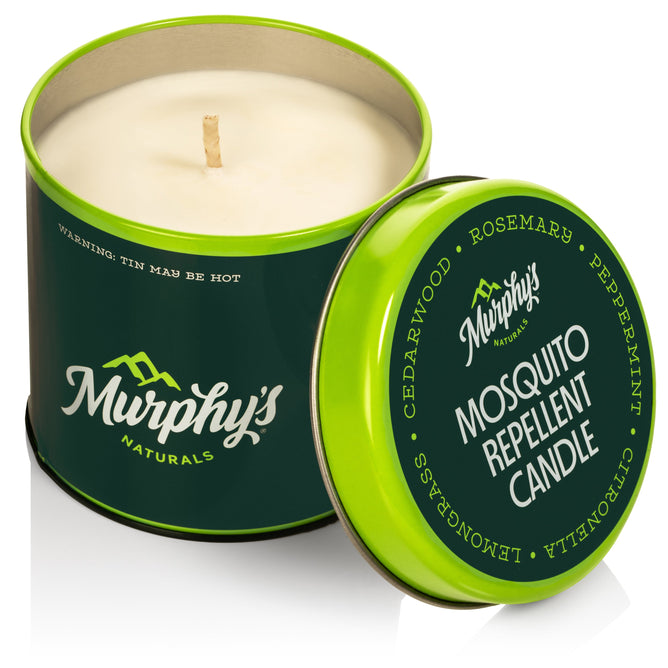 Murphys Naturals Mosquito Repellent Candle features a DEET-free blend of cedarwood, rosemary, peppermint, citronella, and lemongrass. Open the green tin to reveal its cream-colored interior for natural mosquito repellence. Caution: tin may become hot.