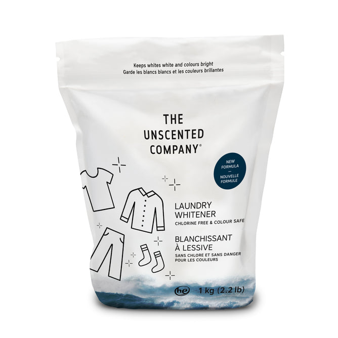 A white package of The Unscented Company Laundry Whitener + Brightener features clothing line drawings and promotes its chlorine-free, color-safe formula. This natural alternative delivers powerful cleaning, labeled 1 kg (2.2 lb) with a blue and white design at the bottom.