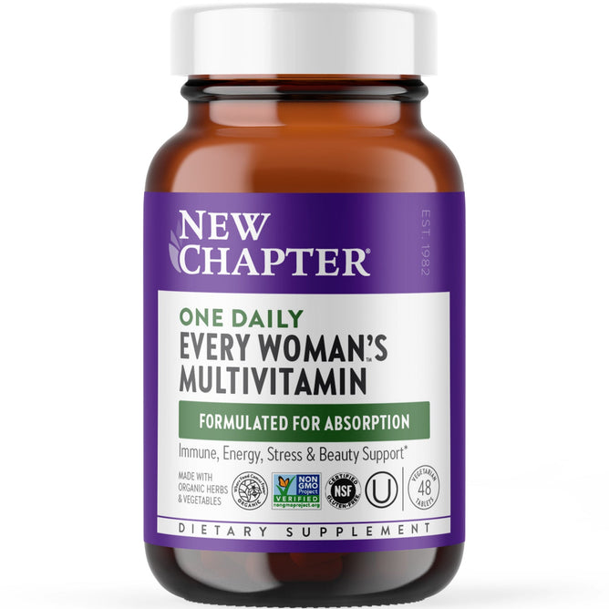 A brown bottle of New Chapter Every Woman™s One Daily Multivitamin with a purple label highlights absorption, immune support, energy, stress relief, and beauty benefits. This womens multivitamin is organically certified and has several seals of approval.