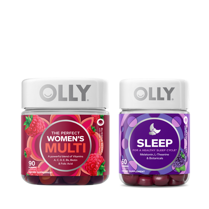 Two bottles from OLLYs Womens Rest Well Starter Set are shown: One is a red-labeled The Perfect Womens Multi with vitamins and folic acid, and the other is a purple-labeled Sleep containing melatonin and botanicals for restful nights.