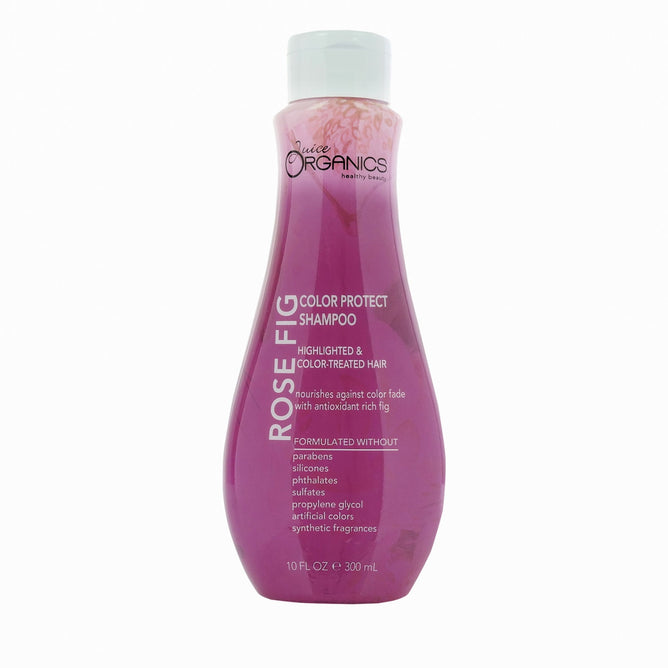 The pink 10 fl oz Juice Beauty Rose Fig Color Protect Shampoo is enriched with rose hip oil for highlighted and color-treated hair. Free from parabens, silicones, phthalates, sulfates, artificial colors; antioxidant-rich.