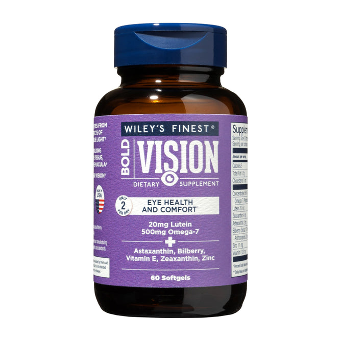 Wileys Finest Bold Vision: Proactive dietary supplements support eye health with 20mg Lutein, 500mg Omega-7, Astaxanthin, Bilberry with Anthocyanins, Vitamin E, Zeaxanthin, and Zinc. Each bottle contains 60 softgels designed to enhance visual wellness.