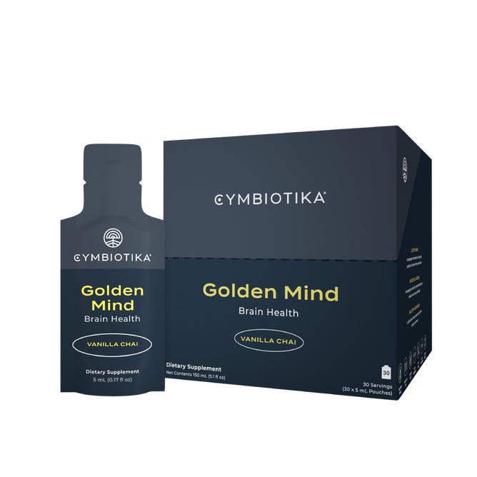 The Cymbiotika Golden Mind dietary supplement for cognitive function features a small bottle and larger box, both in dark colors with striking white and yellow text.
