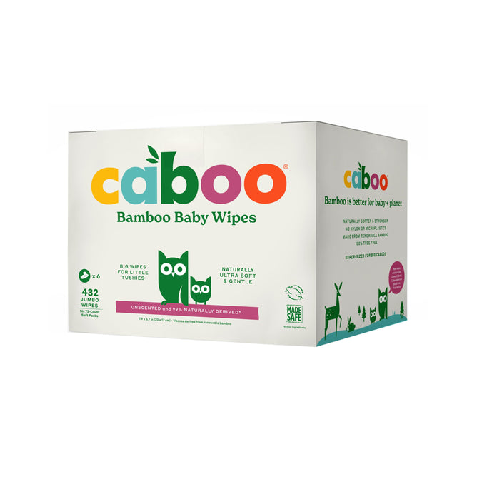 A box of Caboo Baby Wipes showcases a vibrant owl graphic and emphasizes its MADE SAFE® certification. It contains 432 unscented, naturally derived wipes, highlighting its eco-friendly and gentle qualities for babies.