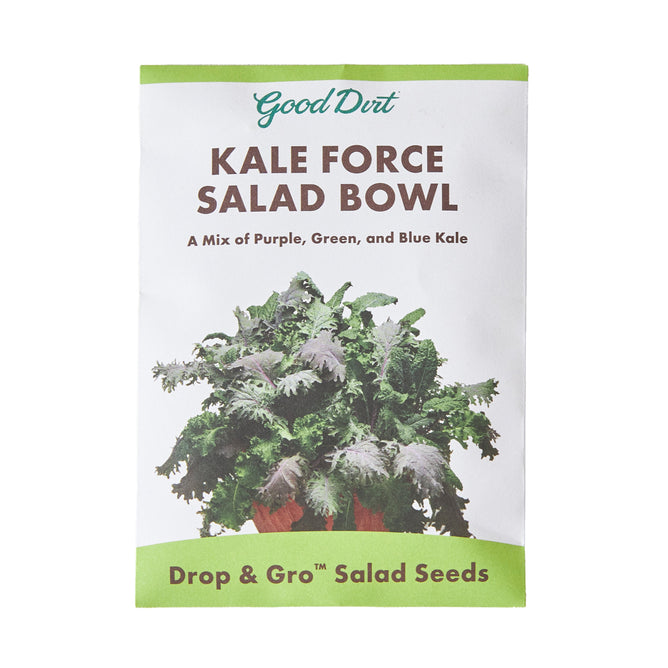 The Good Dirt Seed Pack Kale Mix offers a vibrant blend of green, blue, and purple kale in a convenient Drop & Gro™ multiseed pod for easy gardening.