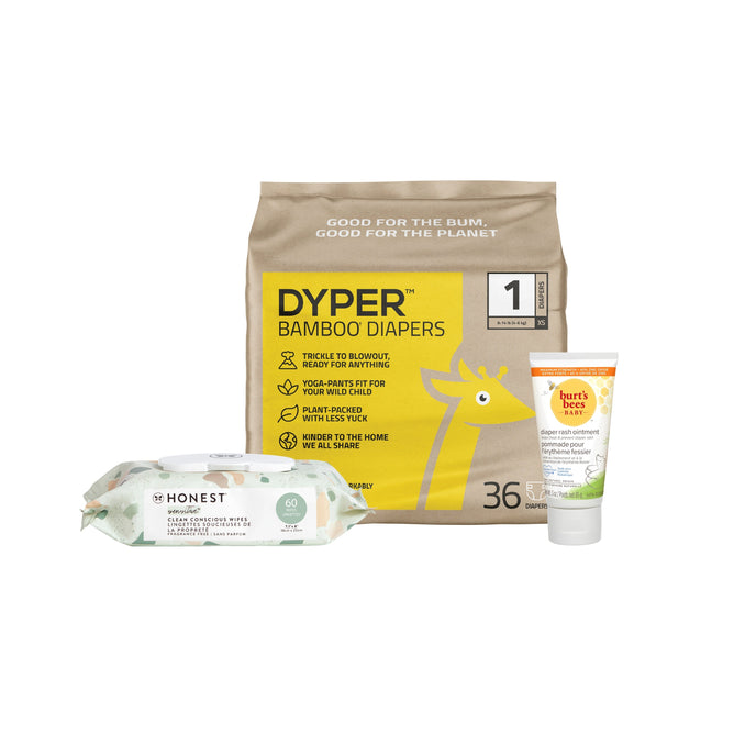 The New Baby Essentials - Small Bundle from Grove Collaborative includes a package of bamboo diapers featuring a giraffe, Honest Clean Conscious™ Wipes with a floral design, and Burts Bees nourishing lotion with green and orange labels.