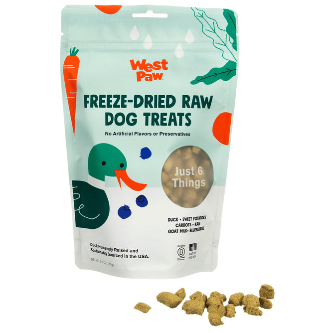 West Paws Duck Superfood Freeze-Dried Raw Dog Treats feature charming duck, carrot, and blueberry illustrations. The label highlights its limited ingredients with just six superfoods, including duck and sweet potatoes. Tasty treats are scattered outside for your pet to enjoy.