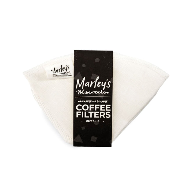 The Reusable Coffee Filters: #4 Cone by Marleys Monsters have a washable, eco-friendly design with a black label and white text. Made from organic unbleached linen, these cone-shaped filters provide a sustainable solution.