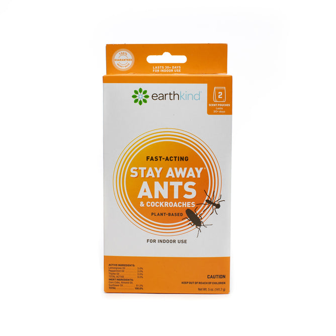 The orange and white packaging of Stay Away® Ant & Roach Deterrent by Earthkind highlights a fast-acting, plant-based indoor pest repellent with two scent pouches, featuring an ant graphic in a circular design for easy recognition.
