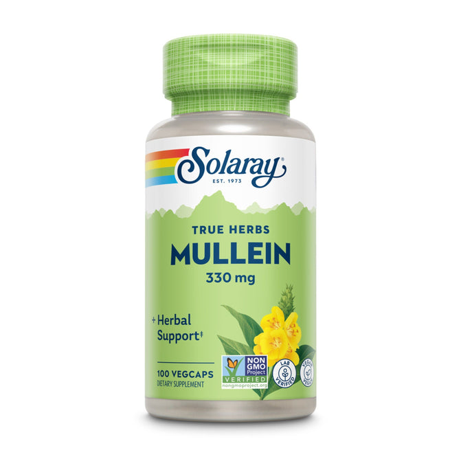A bottle of Solaray Mullein, 330 mg dietary supplement for respiratory support features a green label with yellow mullein flowers. Its non-GMO verified and offers 100 vegcaps, inspired by traditional remedies for enhanced herbal support.