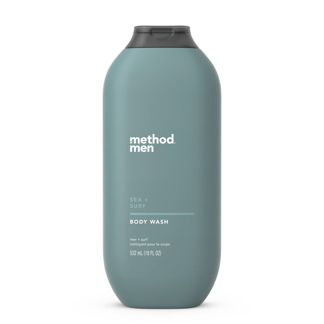 The Method Mens Body Wash in Sea + Surf offers nature-inspired scents, packaged in a matte teal bottle with a black flip-top cap, highlighted by METHOD MEN, SEA + SURF, and BODY WASH. It provides a refreshing cleanse, free of parabens and phthalates, ideal for daily use.