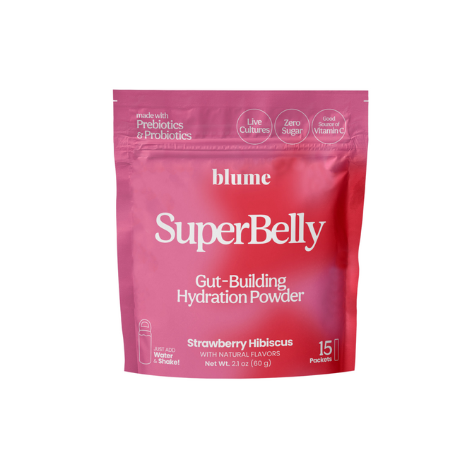 Blume SuperBelly Probiotic Hydration Powder comes in a pink package, strawberry hibiscus flavor, and contains 15 packets (2.1 oz/60 g) packed with superfoods, live cultures, prebiotics, probiotics, zero sugar, and added vitamin C for optimal gut health.