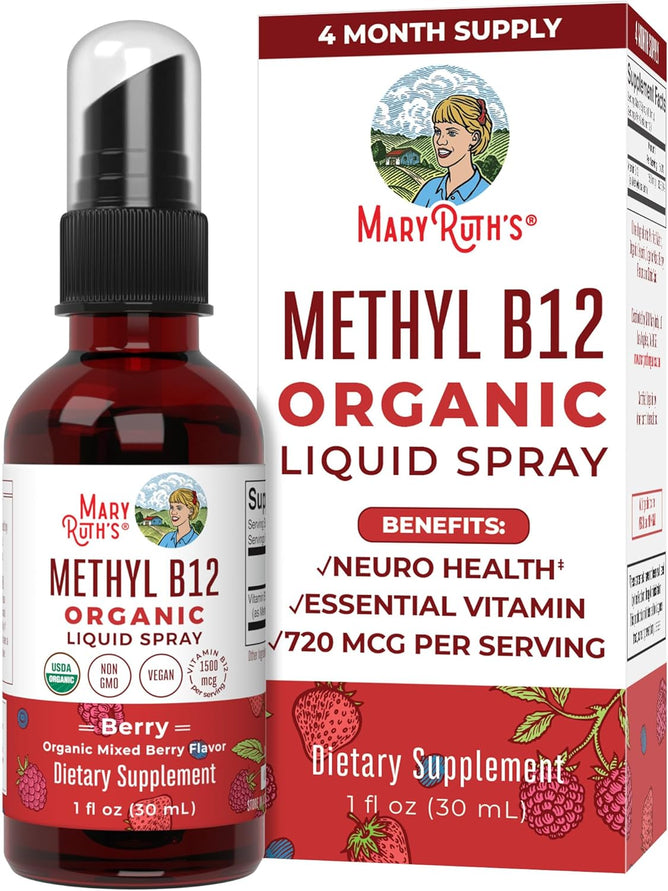 A bottle of MaryRuths Organic Methyl B12 Spray is placed next to its box. The label emphasizes its neuro health benefits with essential vitamins. This 1 oz berry-flavored spray provides 720 mcg per serving and a four-month supply, ideal for those mindful of the MTHFR Gene.
