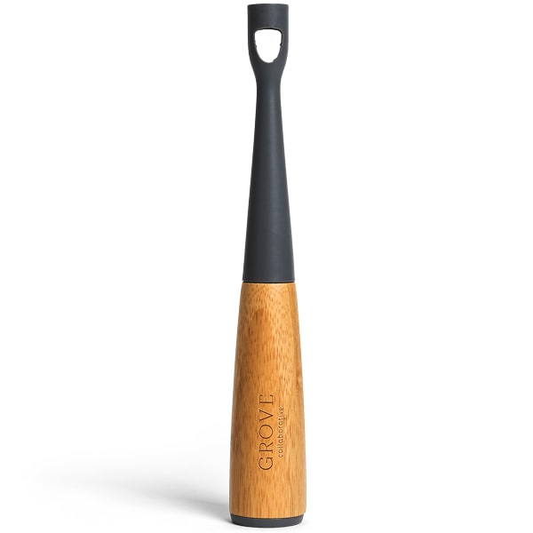 The elegant Universal Wand by Grove Co. features a sleek black handle and slim wooden base engraved with Grove. This BPA-free bottle brush stands upright against a white background, blending modern design with sustainability.