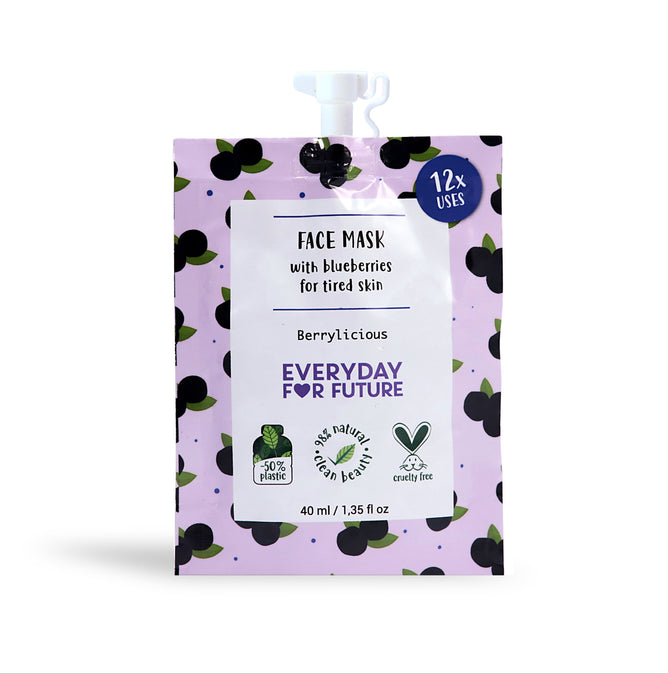 A 40 ml (1.35 fl oz) purple pouch of Everyday For Futures Face Mask - Berrylicious features a black blueberry pattern. The label boasts 12x uses, 50% less plastic, 97% natural, vegan and cruelty-free benefits with antioxidant properties.