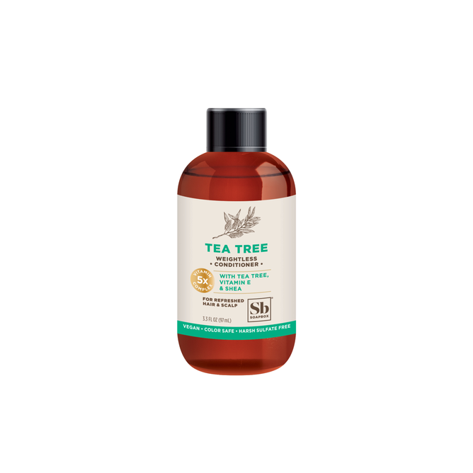 Soapboxs Tea Tree Weightless Conditioner - Sample includes tea tree oil, a vitamin complex, and shea for refreshed hair and scalp. Its vegan, color-safe, and free from harsh sulfates.