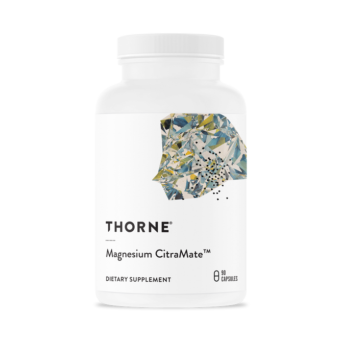 The white bottle labeled Thorne Magnesium CitraMate features an abstract design, holds 90 capsules, and supports heart health and muscle function.