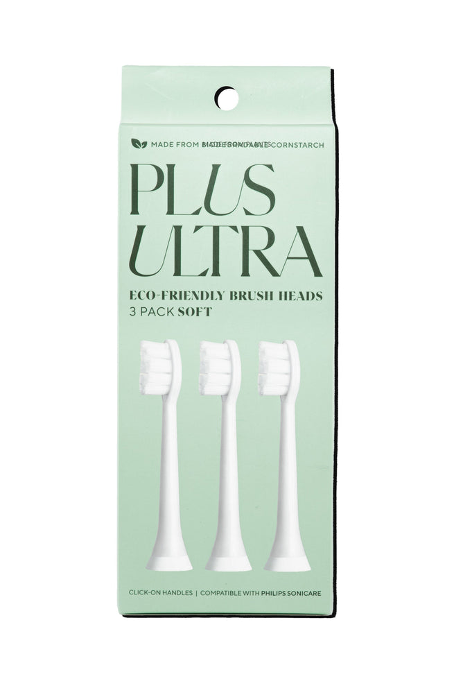 Plus Ultras Replacement Toothbrush Heads - Sonicare come in a mint green box with a minimalist design. This eco-friendly 3-pack, made from cornstarch, is compatible with Philips Sonicare and features soft, white brush heads.