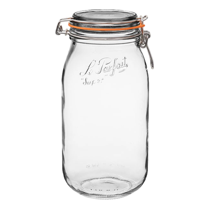 The Le Parfait Storage and Canning Glass Jar, 2L, is a sustainable clear glass jar with an airtight metal and rubber closure. It features Le Parfait Super embossed near the top and stands empty against a plain background.