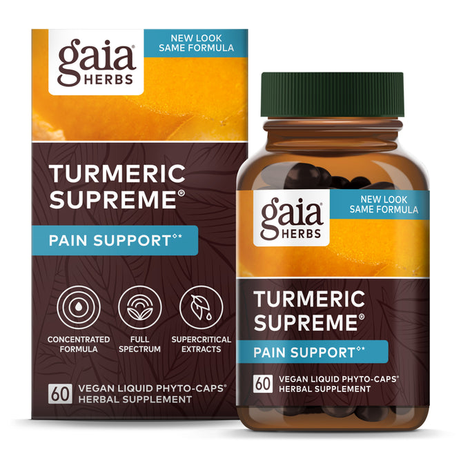 Gaia Herbs Turmeric Supreme Pain Support now features a new look, same formula design with a leafy style, emphasizing its concentrated full-spectrum formula. It includes supercritical extracts and 60 vegan liquid phyto-caps for curcumin-rich pain support.