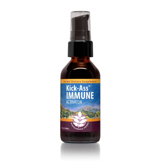 A 2 oz brown bottle of Kick-Ass Immune by WishGarden Herbs has a black spray cap and a colorful mountain-themed label. This herbal dietary supplement is a potent blend of respiratory herbs for immune support.