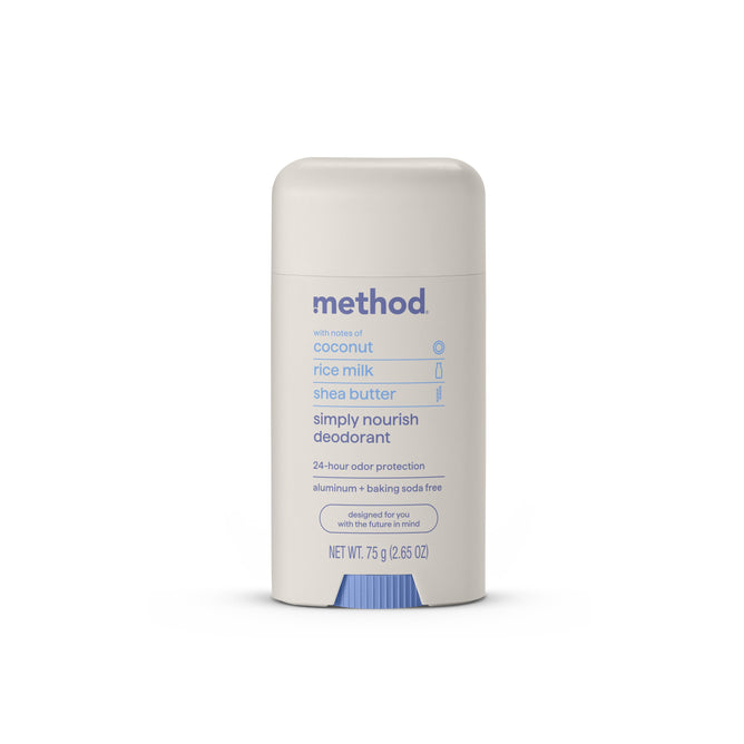 A white tube of Method deodorant sits on a plain background, labeled simply nourish with scents of coconut, rice milk, and shea butter. The Mens Deodorant offers 24-hour odor protection, is aluminum and baking soda free, and weighs 2.65 oz (75g).