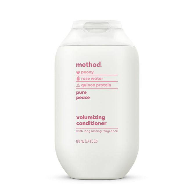 A white 100 ml Method conditioner bottle features a pink label and includes cruelty-free peony, rose water, and quinoa protein. It promises volumizing effects and a long-lasting fragrance.