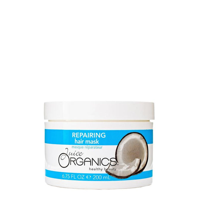 The Juice Organics Repairing Hair Mask by Juice Beauty comes in a white 6.75 FL OZ (200 mL) jar with a blue label featuring a halved coconut image. The product details are highlighted in crisp blue and black fonts, emphasizing its organic moisturizing formula.