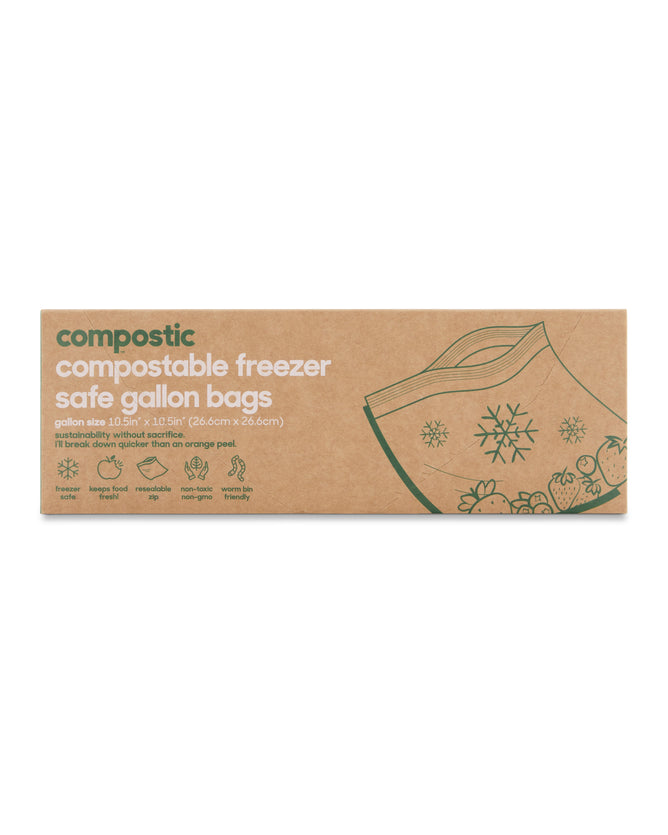 Compostic Gallon Bags come in cardboard packaging featuring eco-conscious green text and snowflake bag line art. The box claims these home-compostable bags break down quicker than an orange peel, with dimensions of 10.56x10.75.