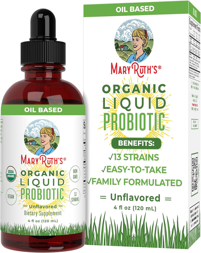 The image shows a box and bottle of MaryRuths Organic Liquid Probiotics, highlighting its USDA Certified organic, unflavored, vegan formula with 13 strains for gut health. The oil-based product is easy-to-take and family-formulated, each bottle containing 4 fl oz (120 mL).