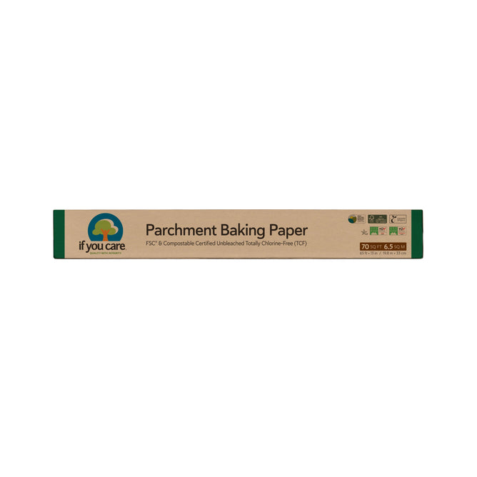 The If You Care Parchment Baking Paper box highlights eco-friendly icons, underscoring its FSC certification and compostability. This unbleached, chlorine-free paper is ideal for environmentally conscious bakers.