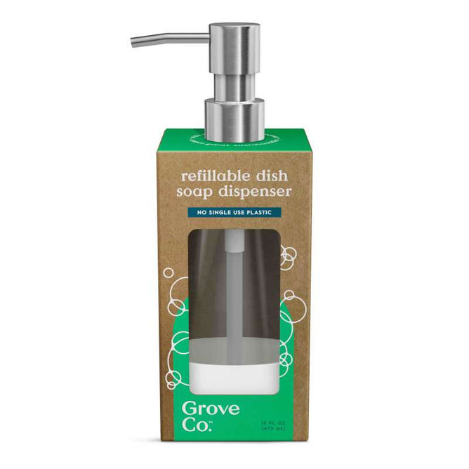 Grove Co.s Refillable Dish Soap Dispenser is housed in eco-friendly cardboard packaging with green accents, highlighting its dedication to reducing plastic waste without single-use plastics. A stylish metal pump completes the sustainable design for your home.