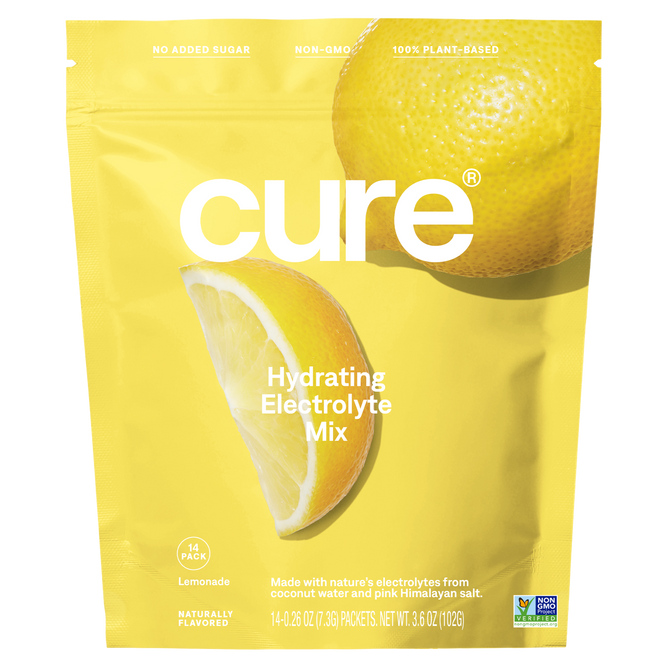 Cure Hydrations yellow drink mix bag features a lemon design, offering hydration with no added sugar. Its non-GMO and 100% plant-based. This 14-pack lemonade flavor ensures rapid absorption using coconut water and pink Himalayan salt for optimal electrolytes.