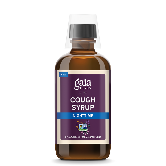 Gaia Herbs Cough Syrup Nighttime comes in a 4 fl oz amber bottle with a purple label and blue stripe. The New tag emphasizes its herbal sleep support formula, offering soothing dry cough relief.