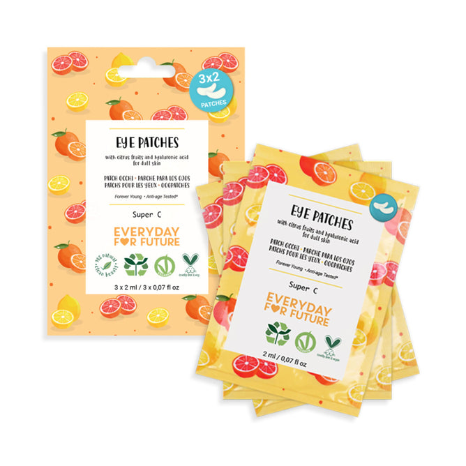 The Eye Patches by Everyday For Future feature vibrant citrus-themed packaging emphasizing their super Vitamin C content. Inside, three 2-ml sachets with hyaluronic acid and fruit extracts add to the playful allure.