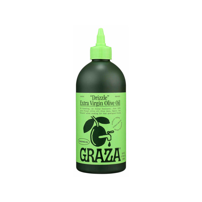 A green Graza Drizzle extra virgin olive oil bottle with a pointed spout features a label with an olive graphic and text. It is made from handpicked olives, rich in antioxidants, offering bold flavor and is perfect for cooking and dressing.