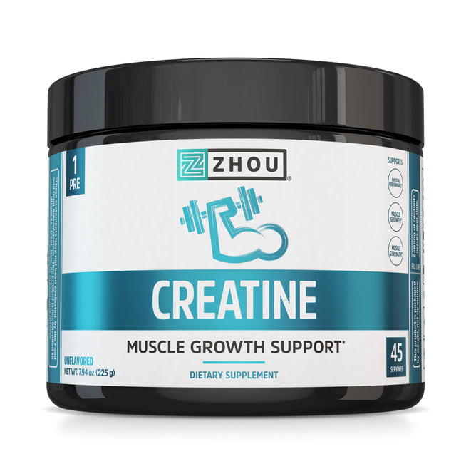 A jar of Zhou Nutritions Creatine Powder, labeled as a dietary supplement, features a black design with a turquoise and white label showcasing a flexed arm and dumbbell icon. It contains 225g, providing 45 servings to support muscle growth on your fitness journey.