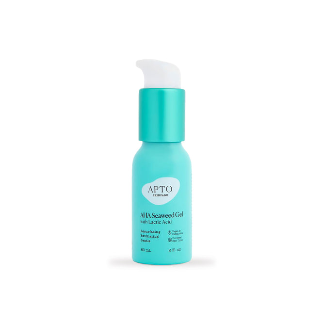 A turquoise 60 mL (2 fl. oz.) bottle of APTO Skincares cruelty-free AHA Seaweed Gel with Lactic Acid features a white pump top and a label emphasizing its nourishing, revitalizing, resurfacing, and deeply exfoliating formula.