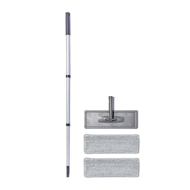 The Grove Co. Microfiber Mop Starter Set includes a collapsible universal handle, sleek mop base, and two interchangeable microfiber pads, all in elegant light grey and pristine white.