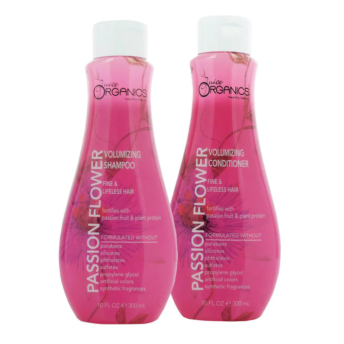 The Juice Beauty Juice Organics Passion Flower Volumizing Shampoo and Conditioner Set includes two 10 fl oz pink bottles designed for Fine & Lifeless Hair, featuring passion fruit essence and free from sulfates, parabens, and synthetic dyes.