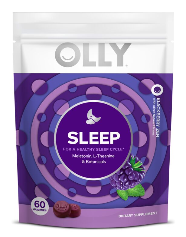 The OLLY Sleep Refill offers 60 Melatonin-rich gummies with L-Theanine and botanicals in a soothing blackberry flavor. The design features purple and white tones with blackberry and moon illustrations.