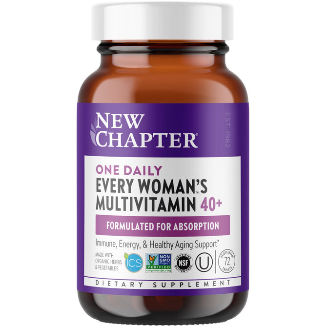 New Chapters Every Woman™s One Daily 40+ multivitamin, in a brown bottle with a purple and white label, supports immune health, energy, and healthy aging. It’s made with organic herbs and vegetables—ideal for women over 40.