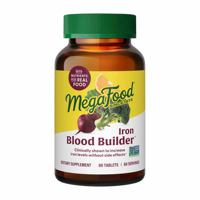 The MegaFood Blood Builder iron supplement bottle features images of beets and broccoli and contains 60 tablets, each providing one serving. The label highlights Nutrients from Real Food, is Non-GMO Project Verified, and promotes iron absorption.